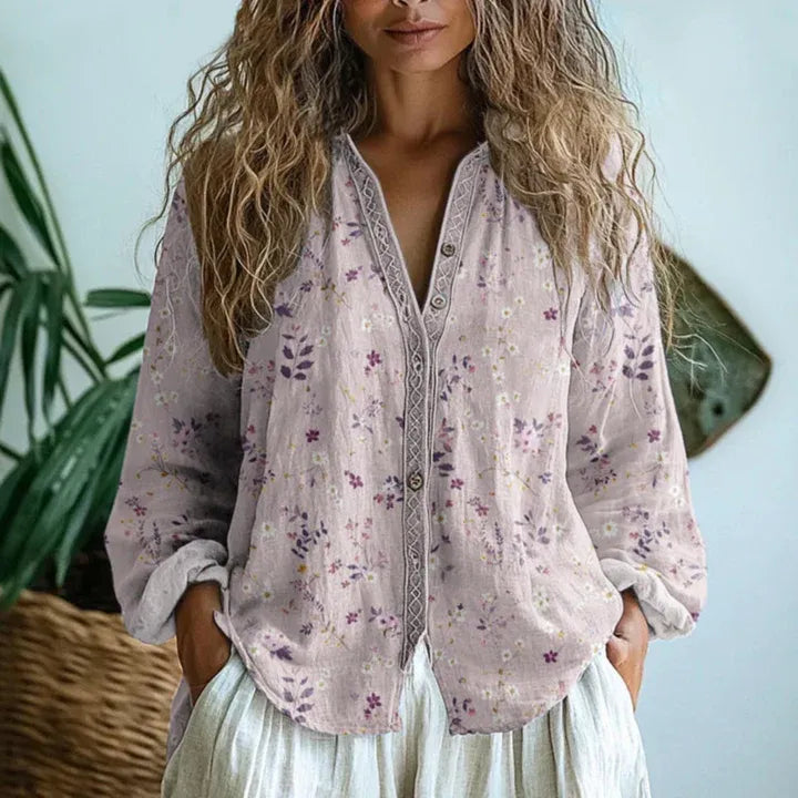 Women's Long Sleeve Shirt with V-Neck and Embroidered Details