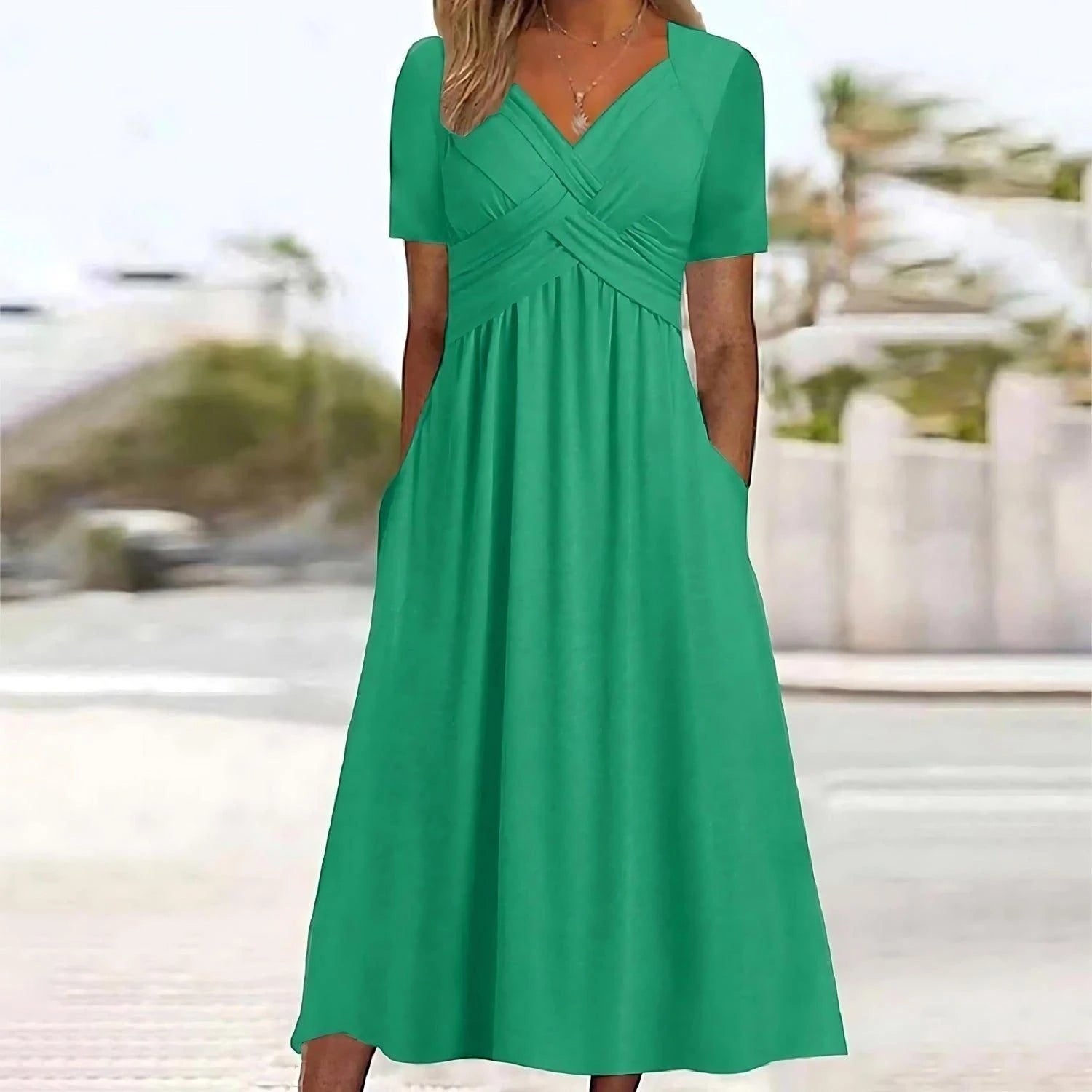 Women's Loose Midi Summer Dress with V-Neck