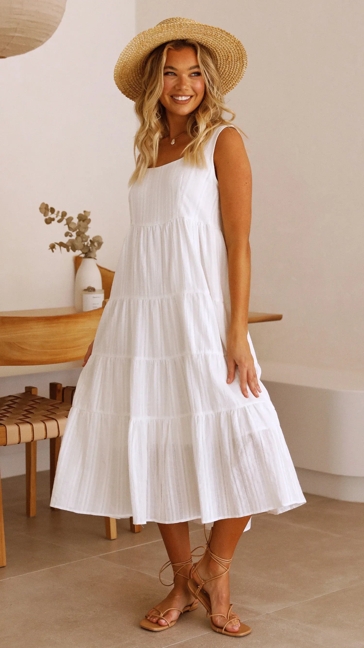Women's Loose Tiered Midi Summer Dress with Square Neck
