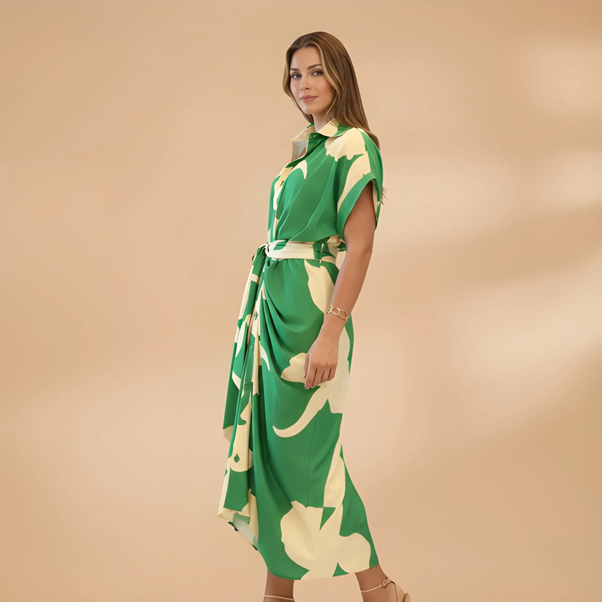 Women's Casual Printed Midi Summer Dress with Tie Waist
