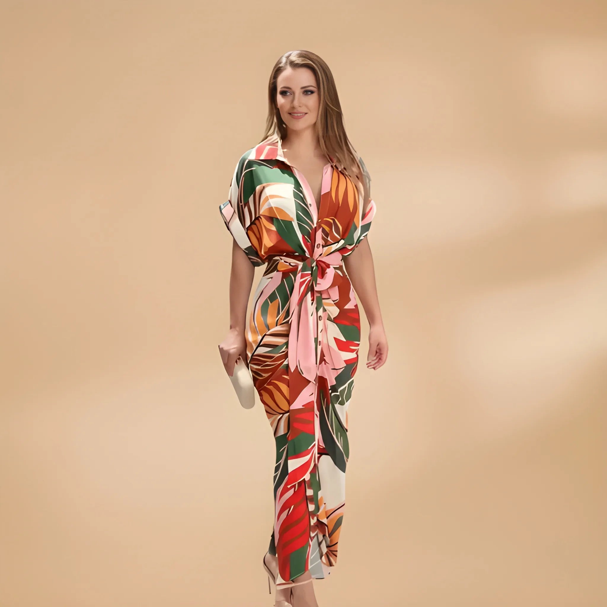 Women's Casual Printed Midi Summer Dress with Tie Waist