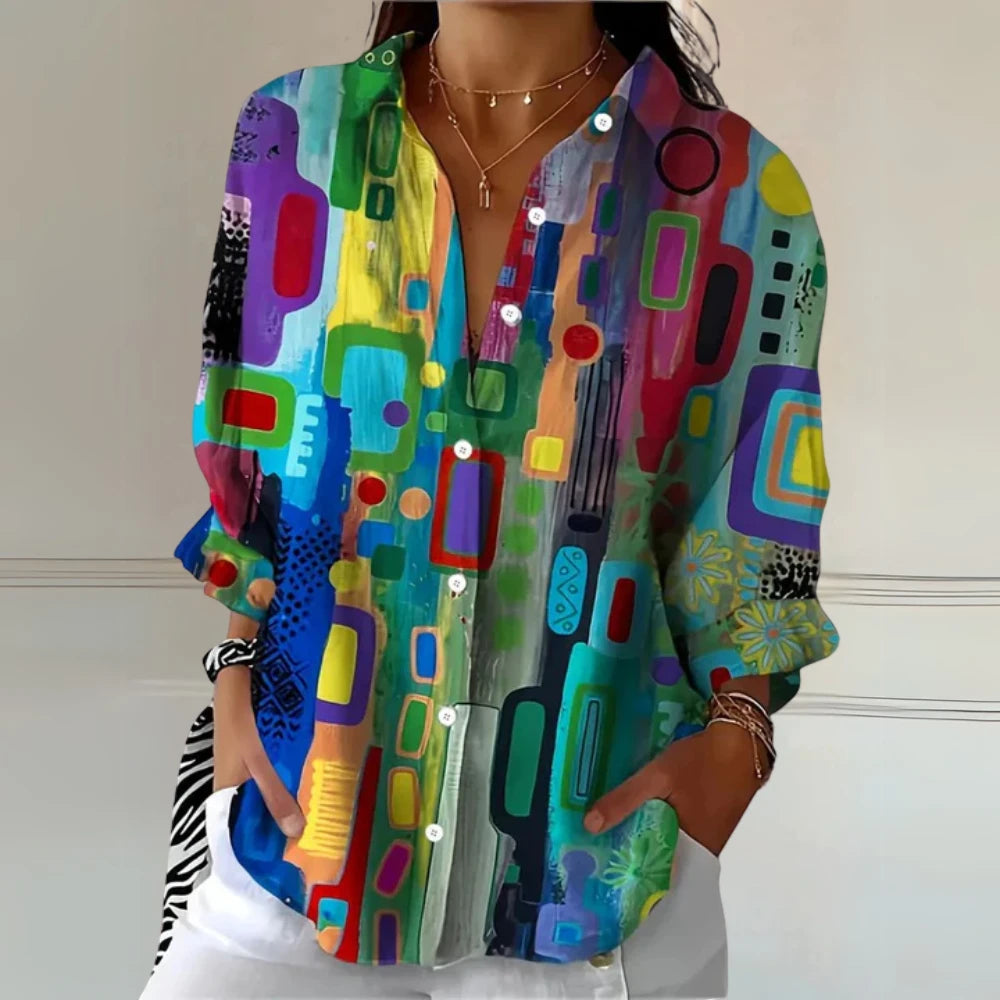 Women's Oversized Shirt with V-Neck and Long Sleeve