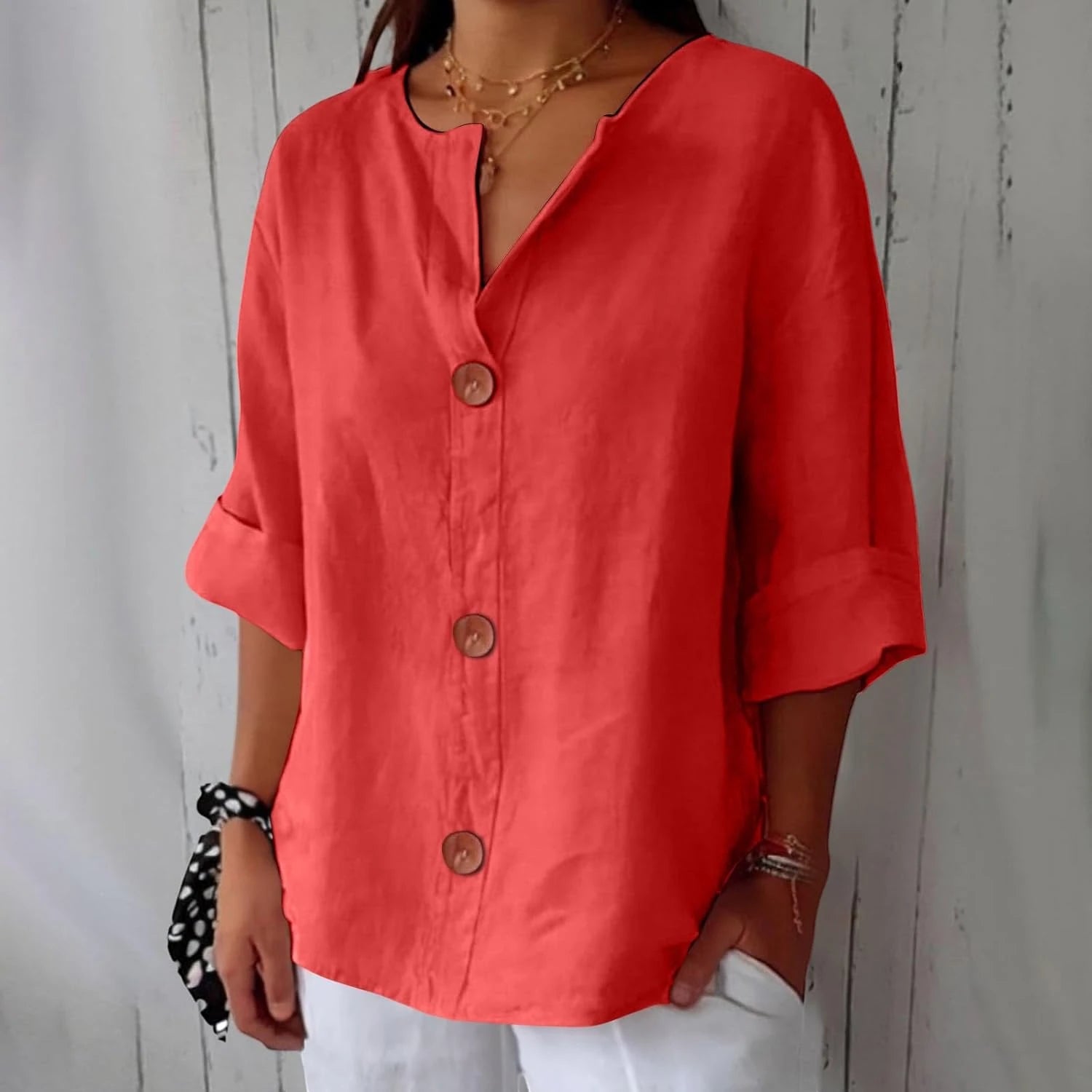 Women's Oversized Blouse with V-Neck and Short Sleeves