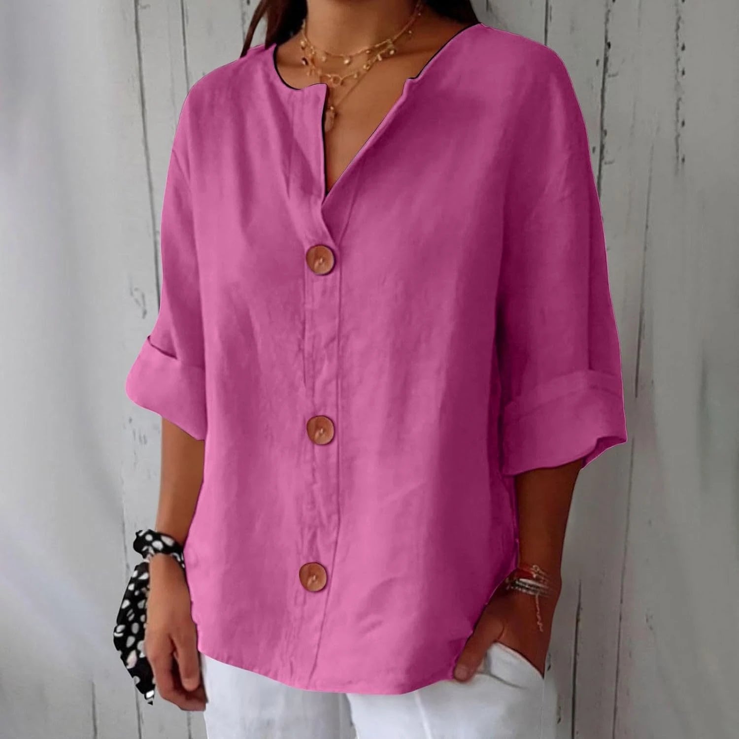 Women's Oversized Blouse with V-Neck and Short Sleeves