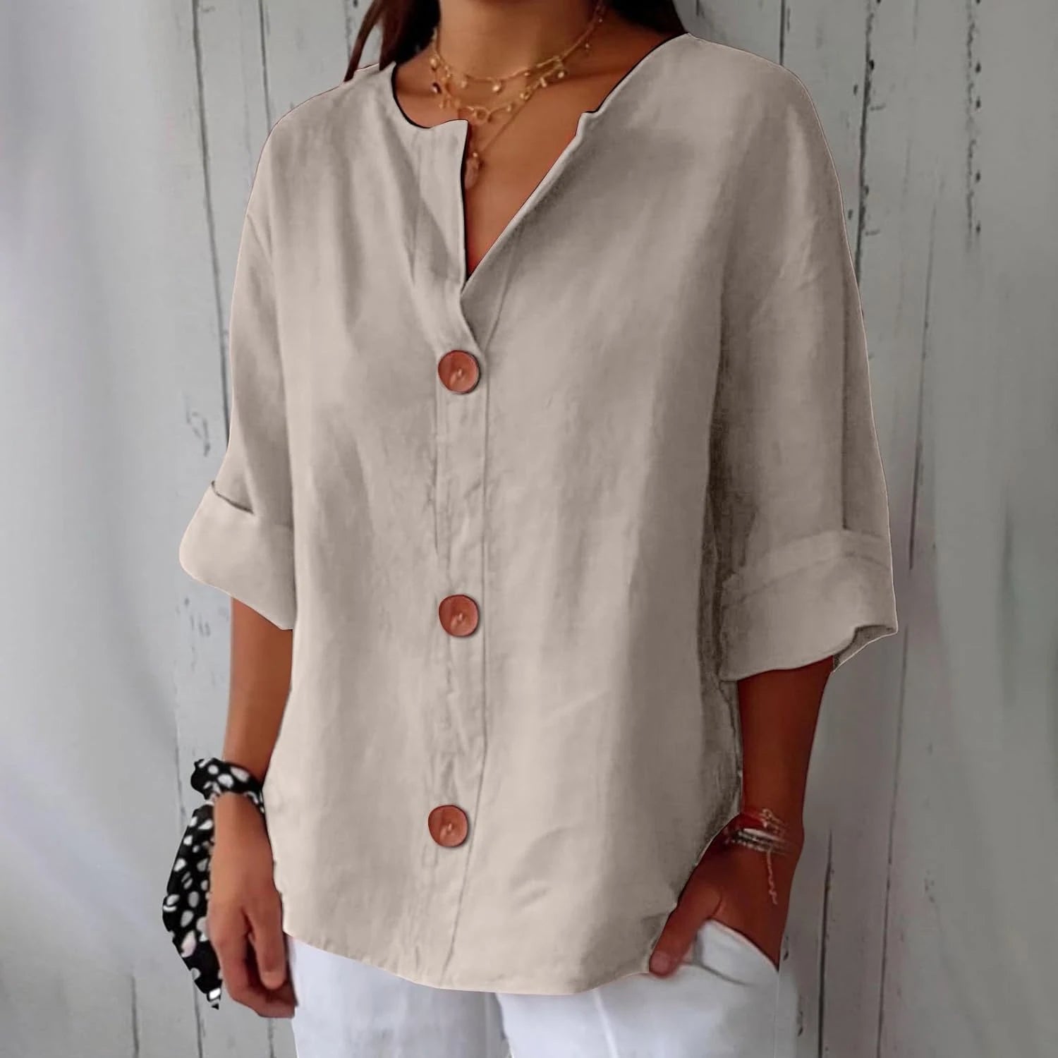 Women's Oversized Blouse with V-Neck and Short Sleeves