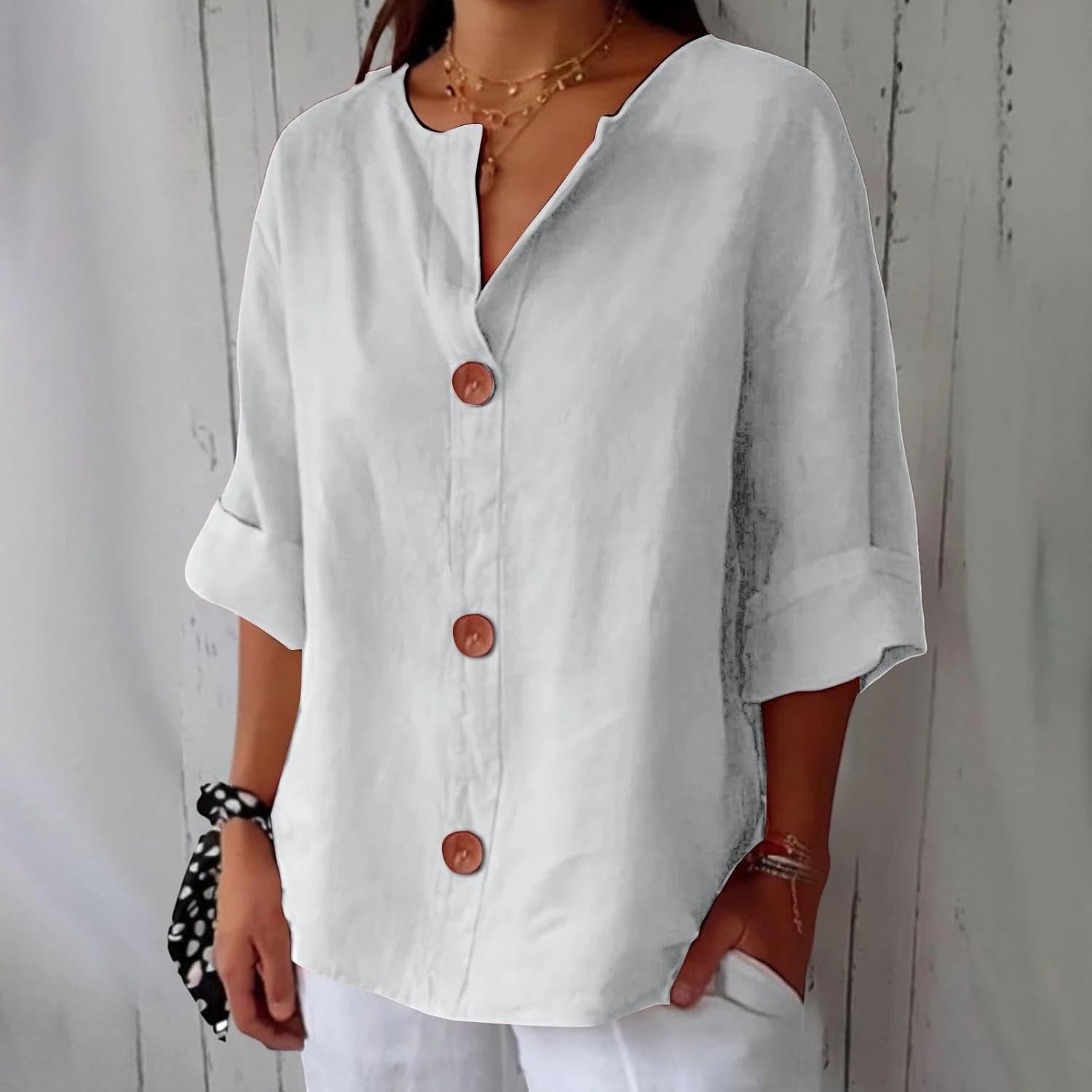 Women's Oversized Blouse with V-Neck and Short Sleeves