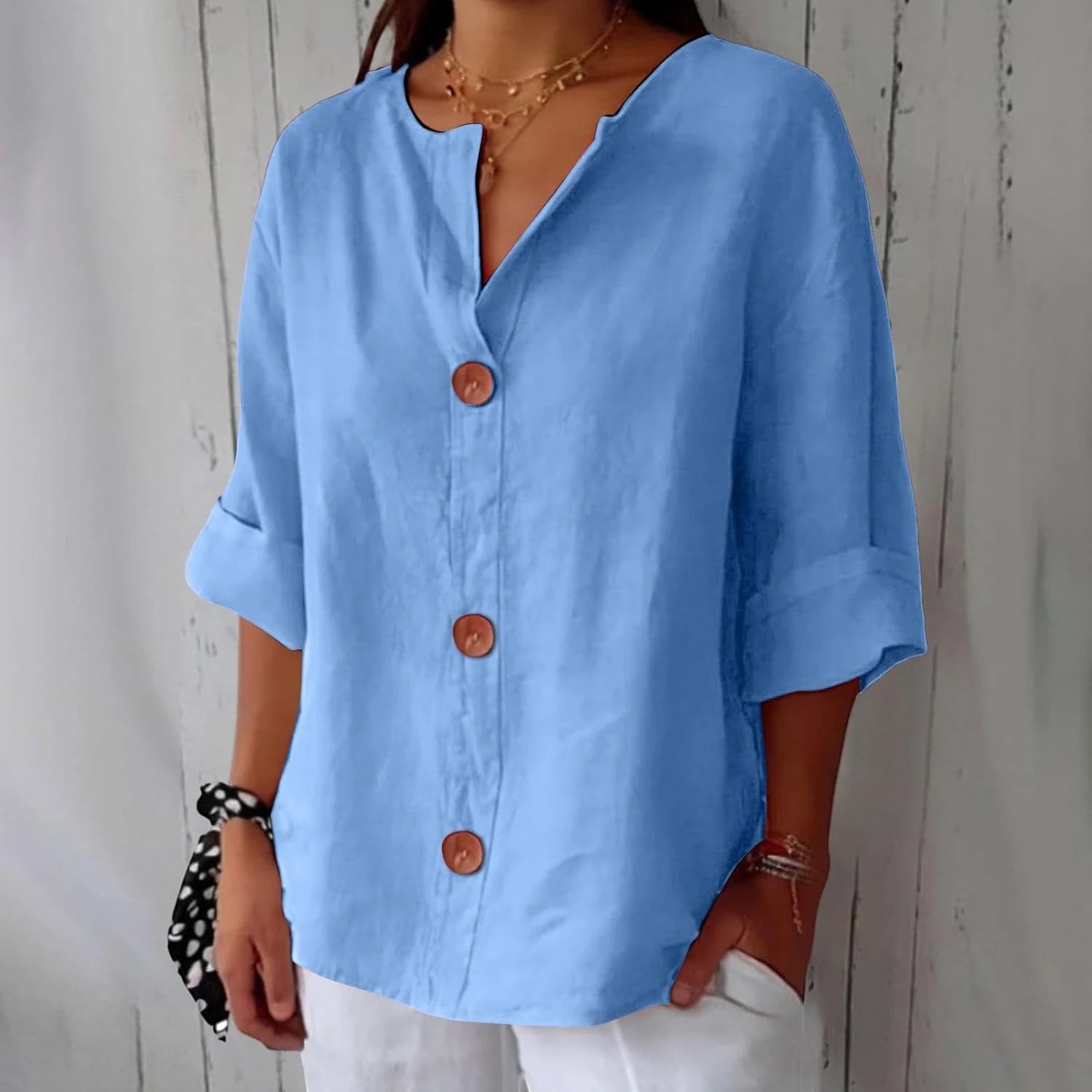 Women's Oversized Blouse with V-Neck and Short Sleeves