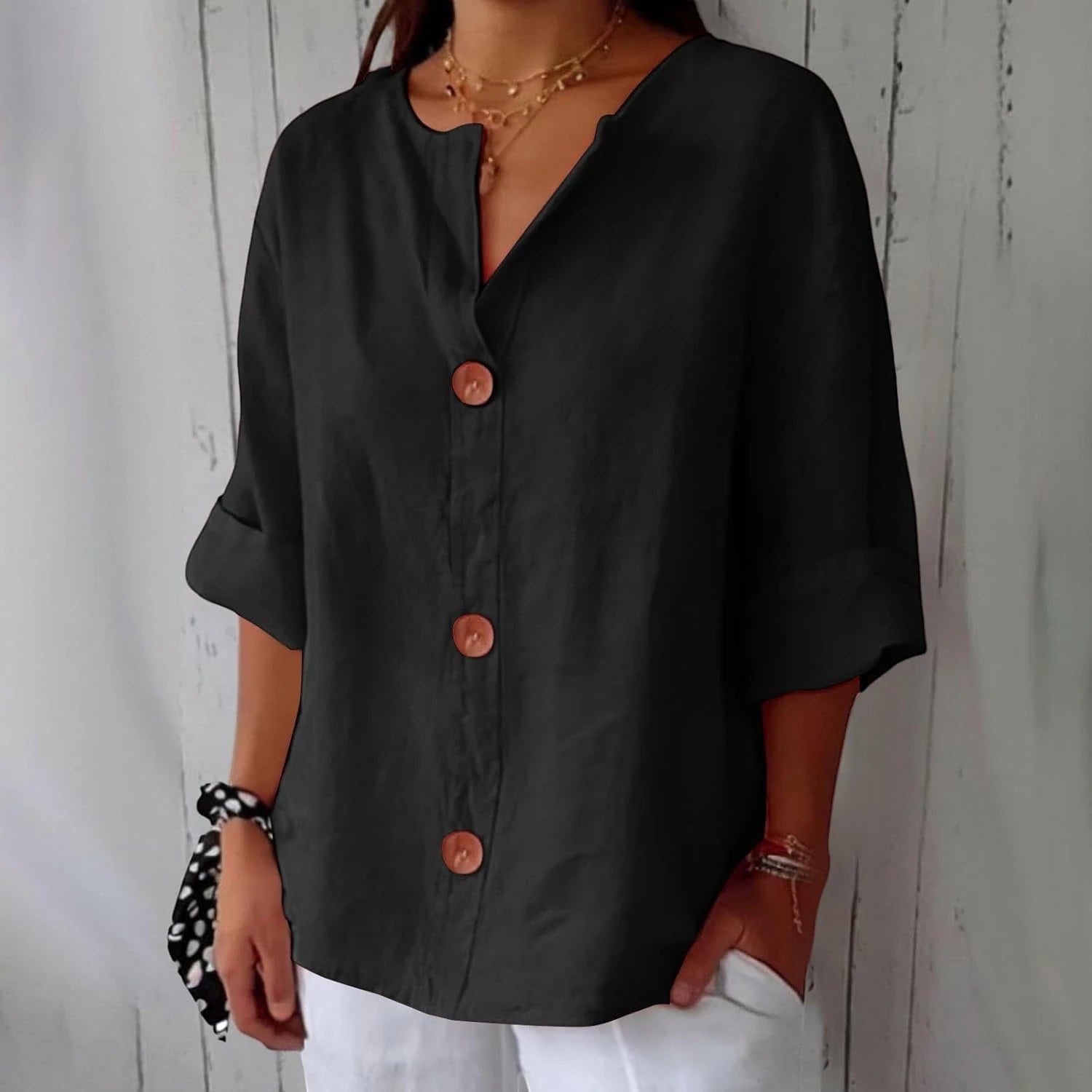 Women's Oversized Blouse with V-Neck and Short Sleeves