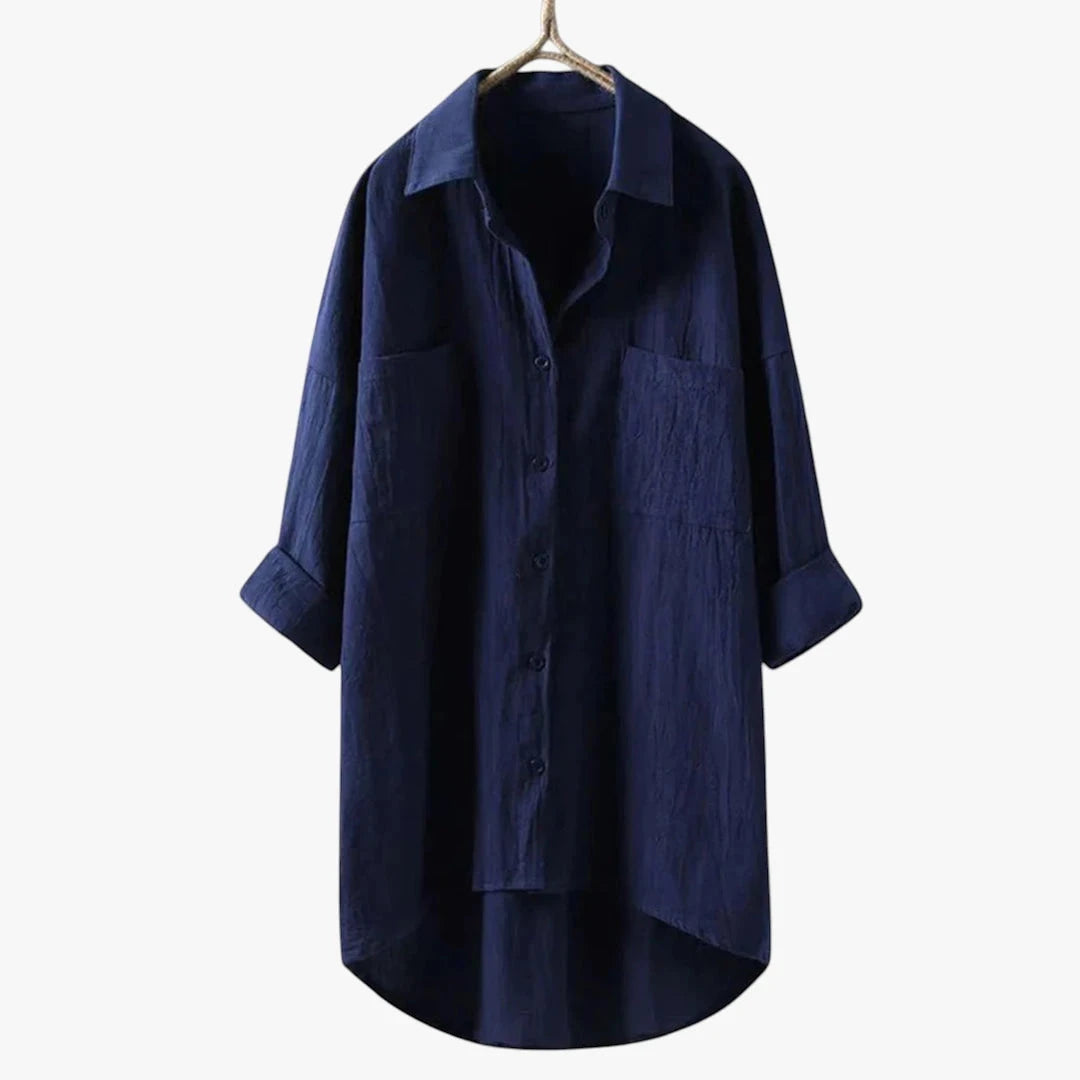 Women's Oversized Shirt with V-Neck and Front Pockets