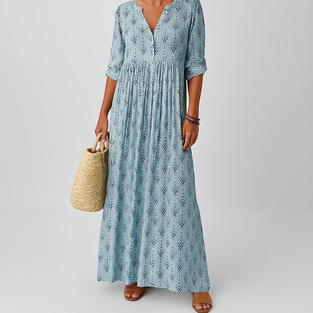 Women's Printed Boho Maxi Summer Dress with V-Neck