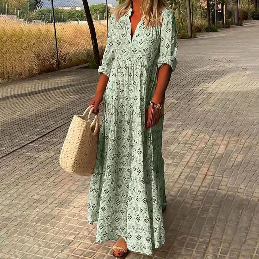 Women's Printed Boho Maxi Summer Dress with V-Neck