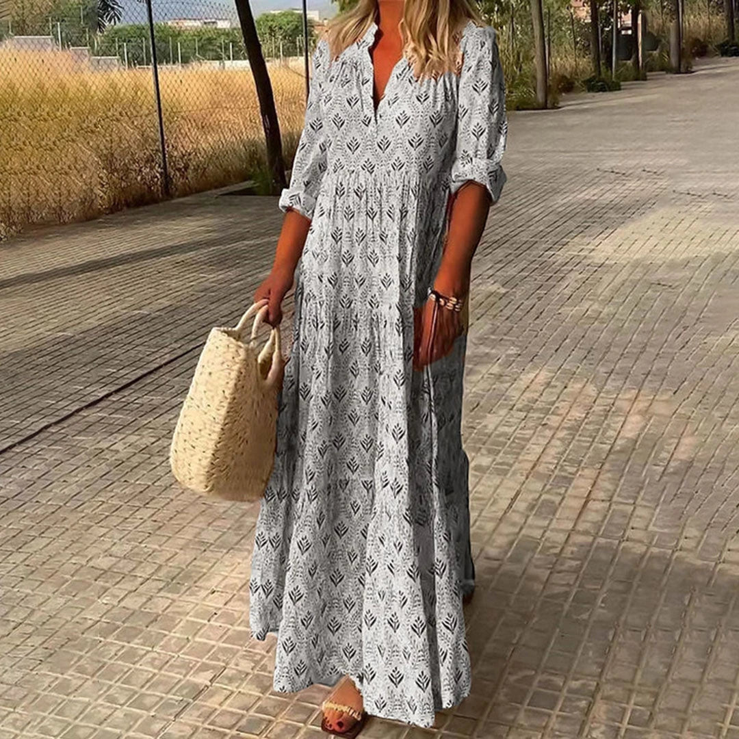 Women's Printed Boho Maxi Summer Dress with V-Neck