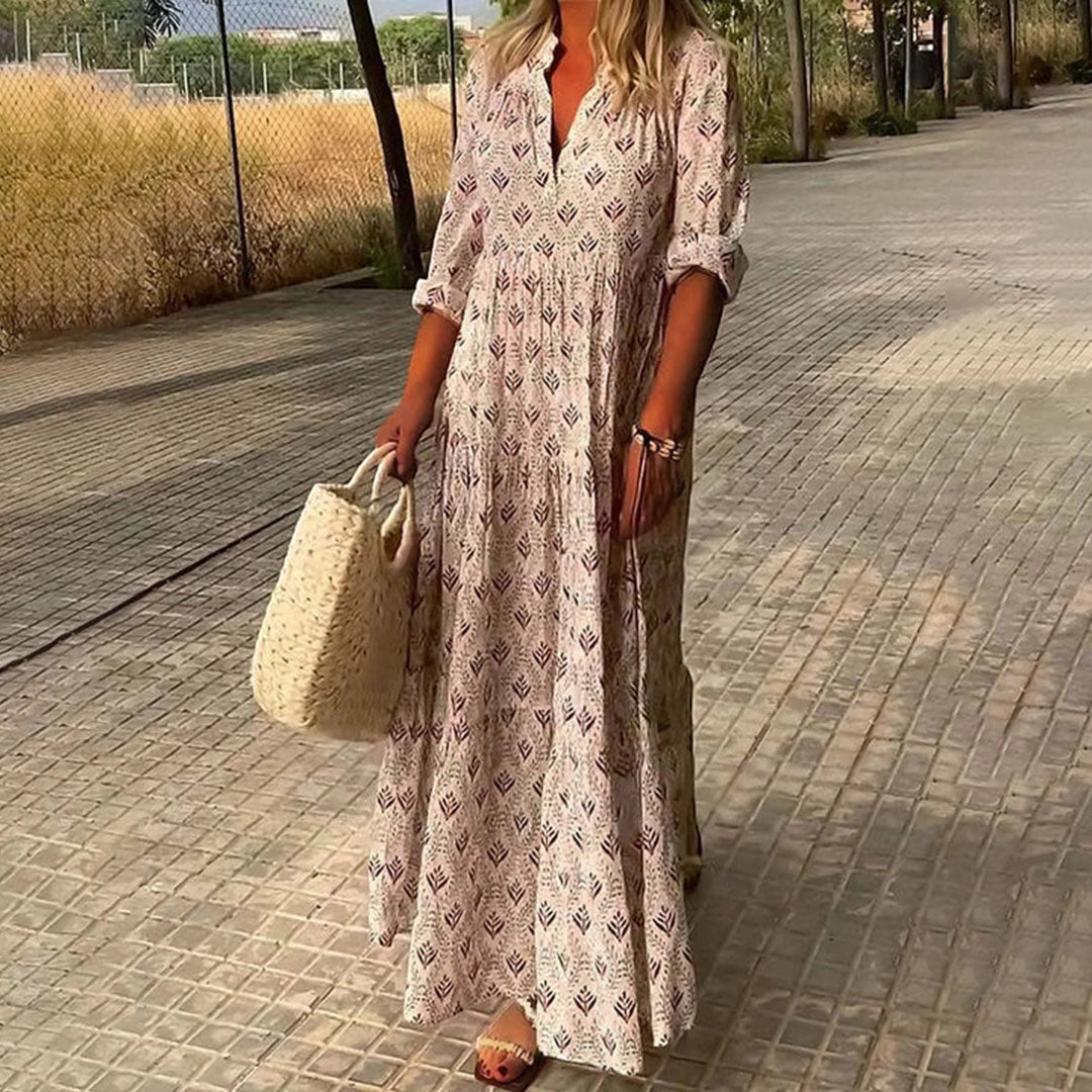 Women's Printed Boho Maxi Summer Dress with V-Neck
