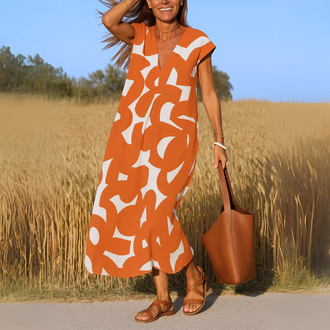 Women's Printed Casual Midi Summer Dress with Cap Sleeve
