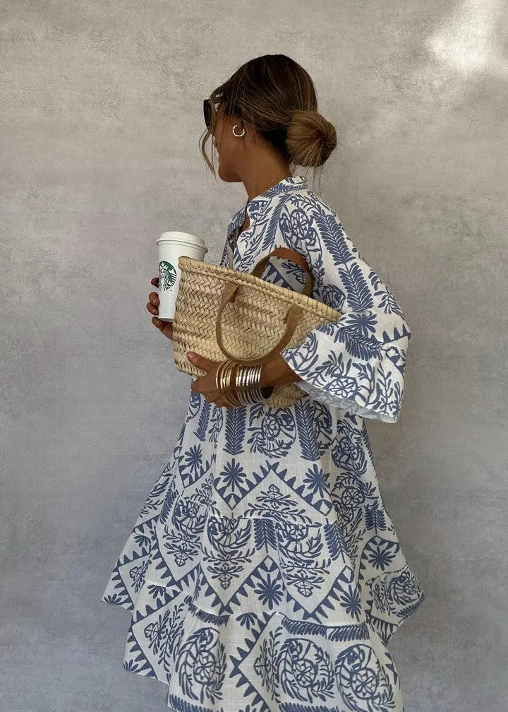 Women's Printed Casual Midi Summer Dress with V-Neck