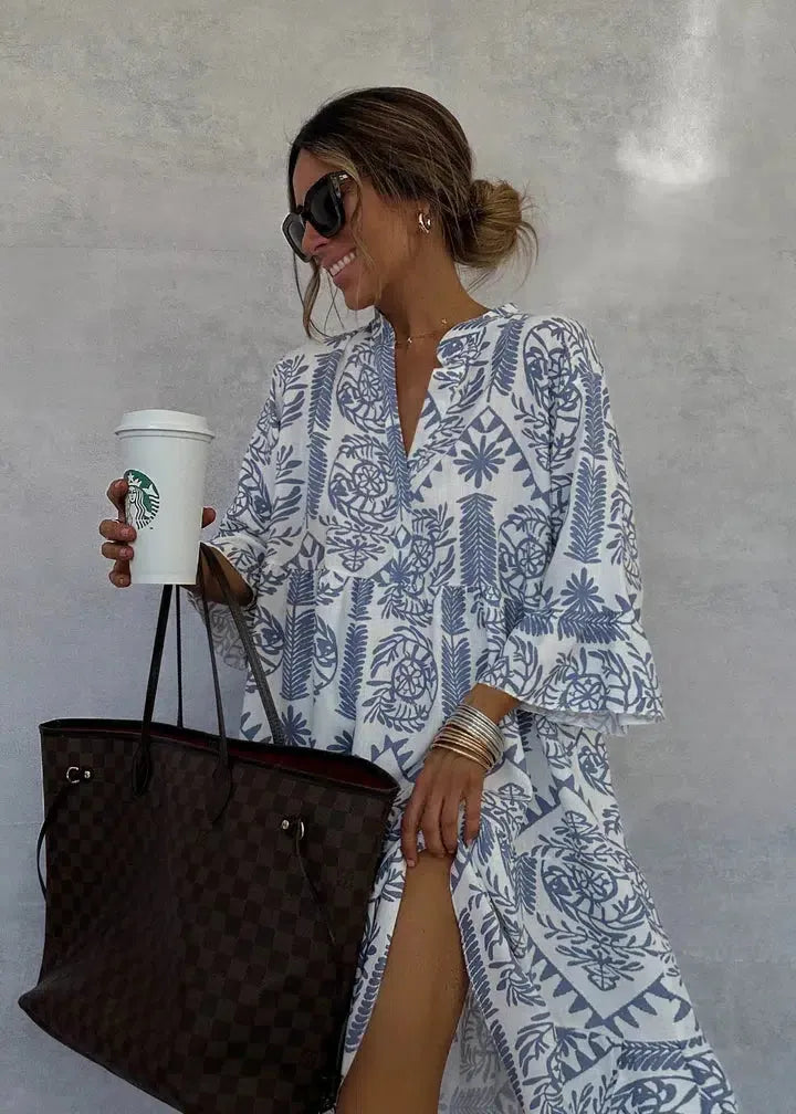 Women's Printed Casual Midi Summer Dress with V-Neck