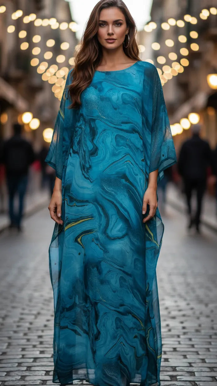 Women's Printed Flowy Maxi Summer Dress with Long Sleeves