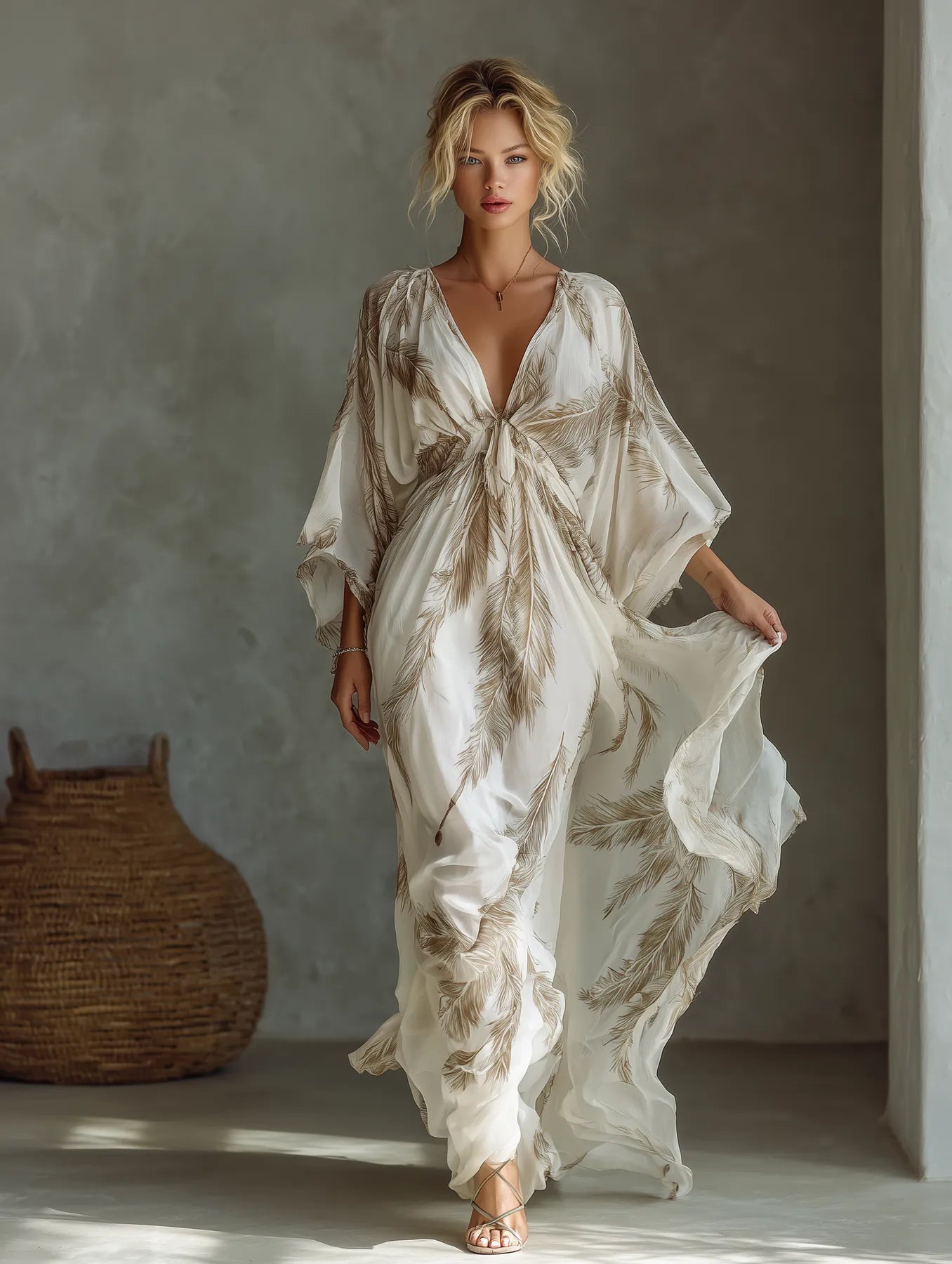 Women's Printed Flowy Maxi Summer Dress with V-Neck