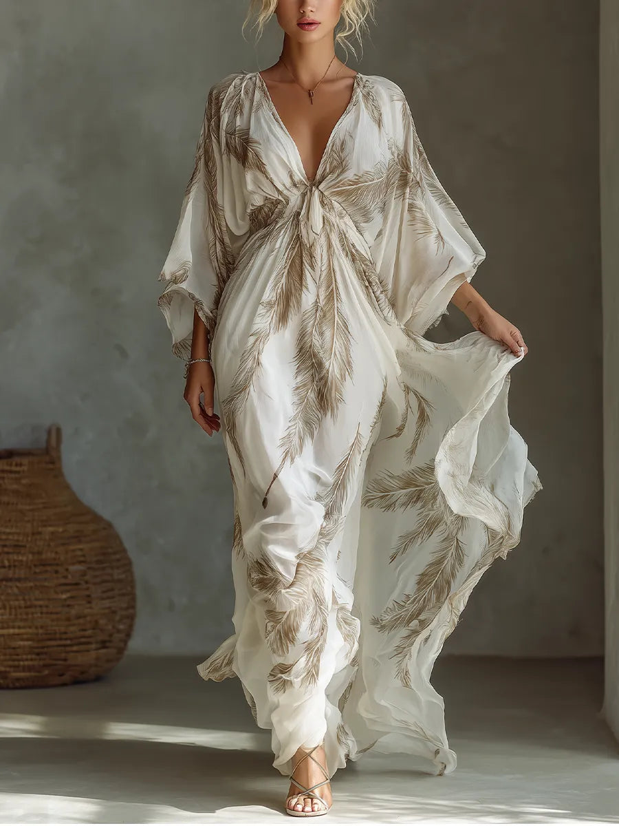 Women's Printed Flowy Maxi Summer Dress with V-Neck