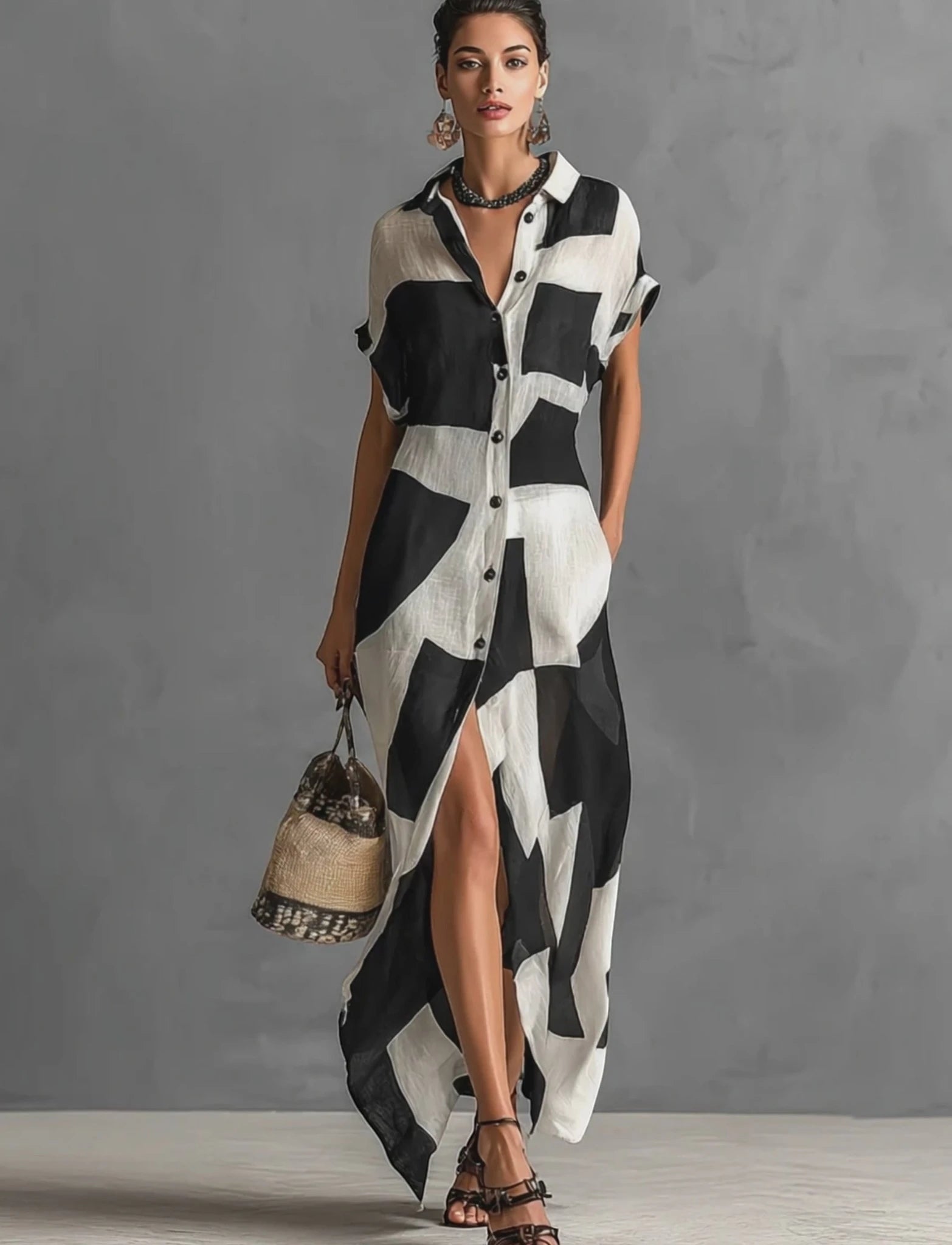 Women's Printed Maxi Summer Dress with Short Sleeves and Slit