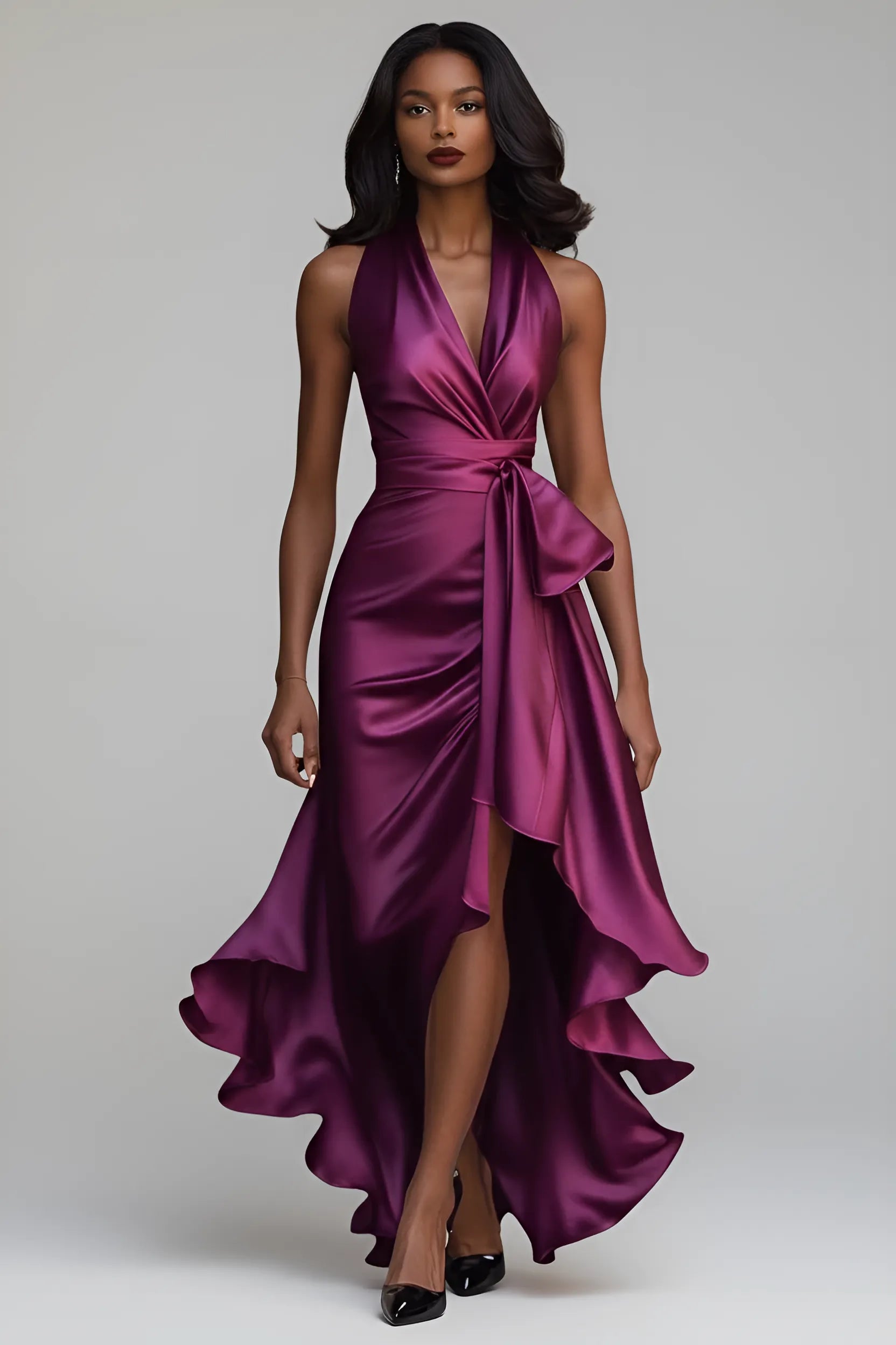 Women's Sleeveless Elegant Maxi Wedding Guest Dress with Tie Front