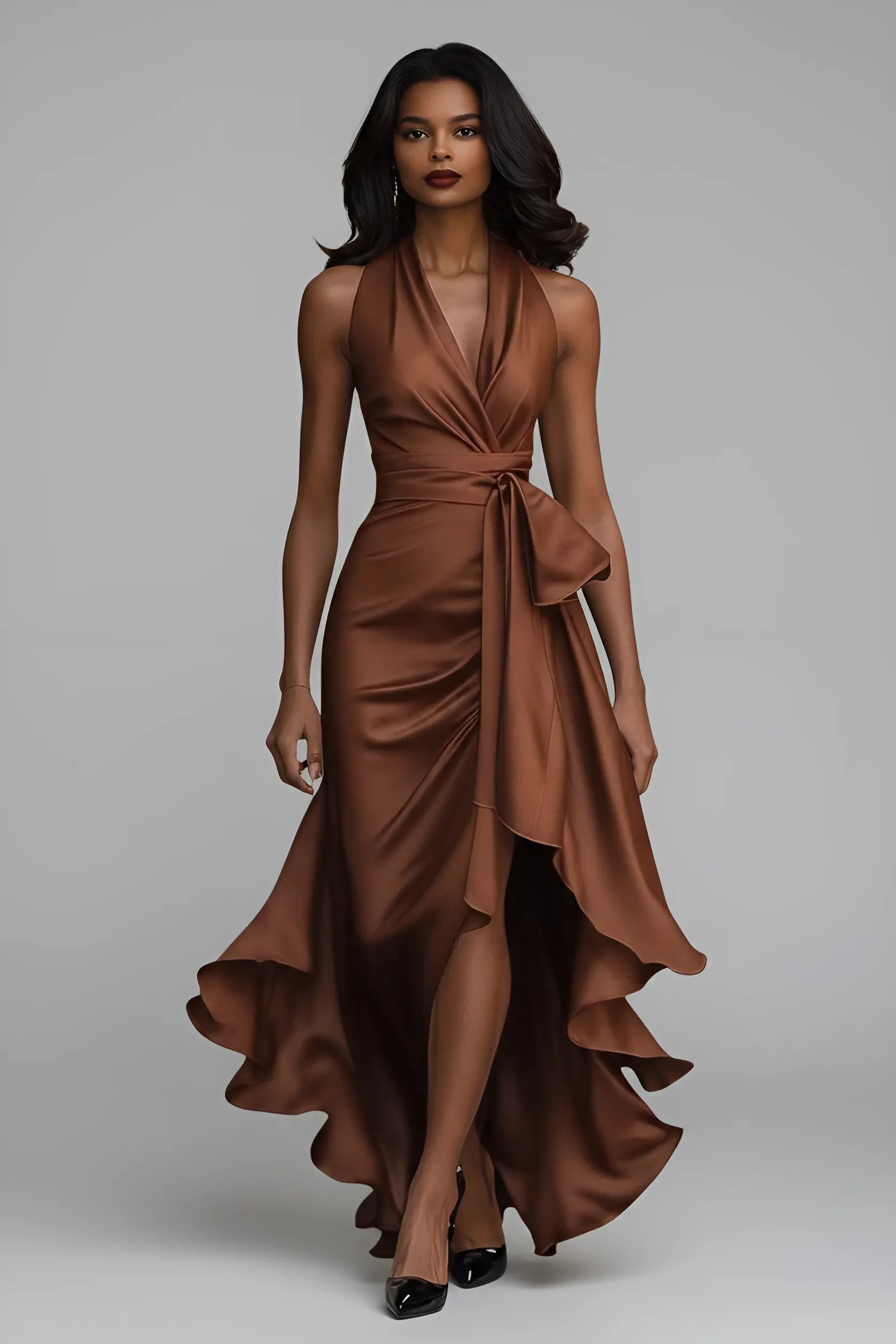 Women's Sleeveless Elegant Maxi Wedding Guest Dress with Tie Front