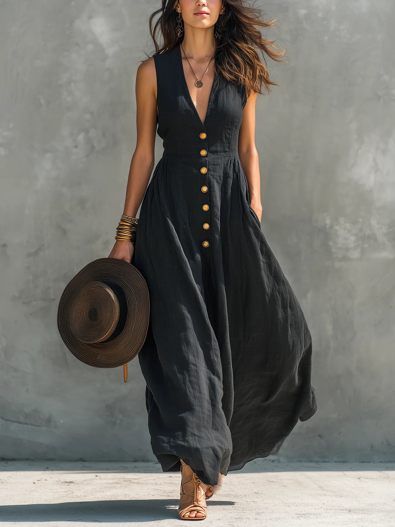 Women's Sleeveless Flowy Maxi Summer Dress with V-Neck