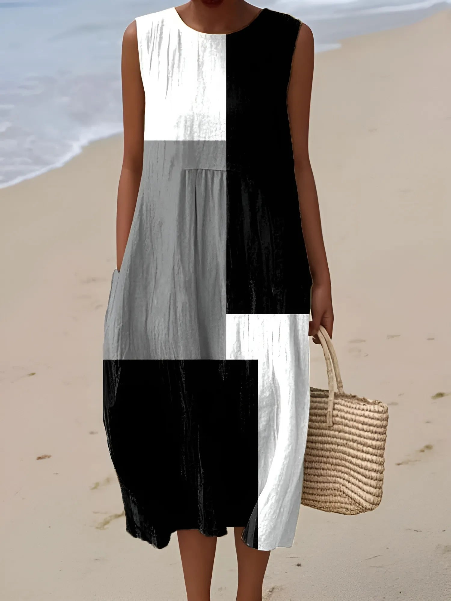 Women's Sleeveless Printed Midi Summer Dress with Round Neck
