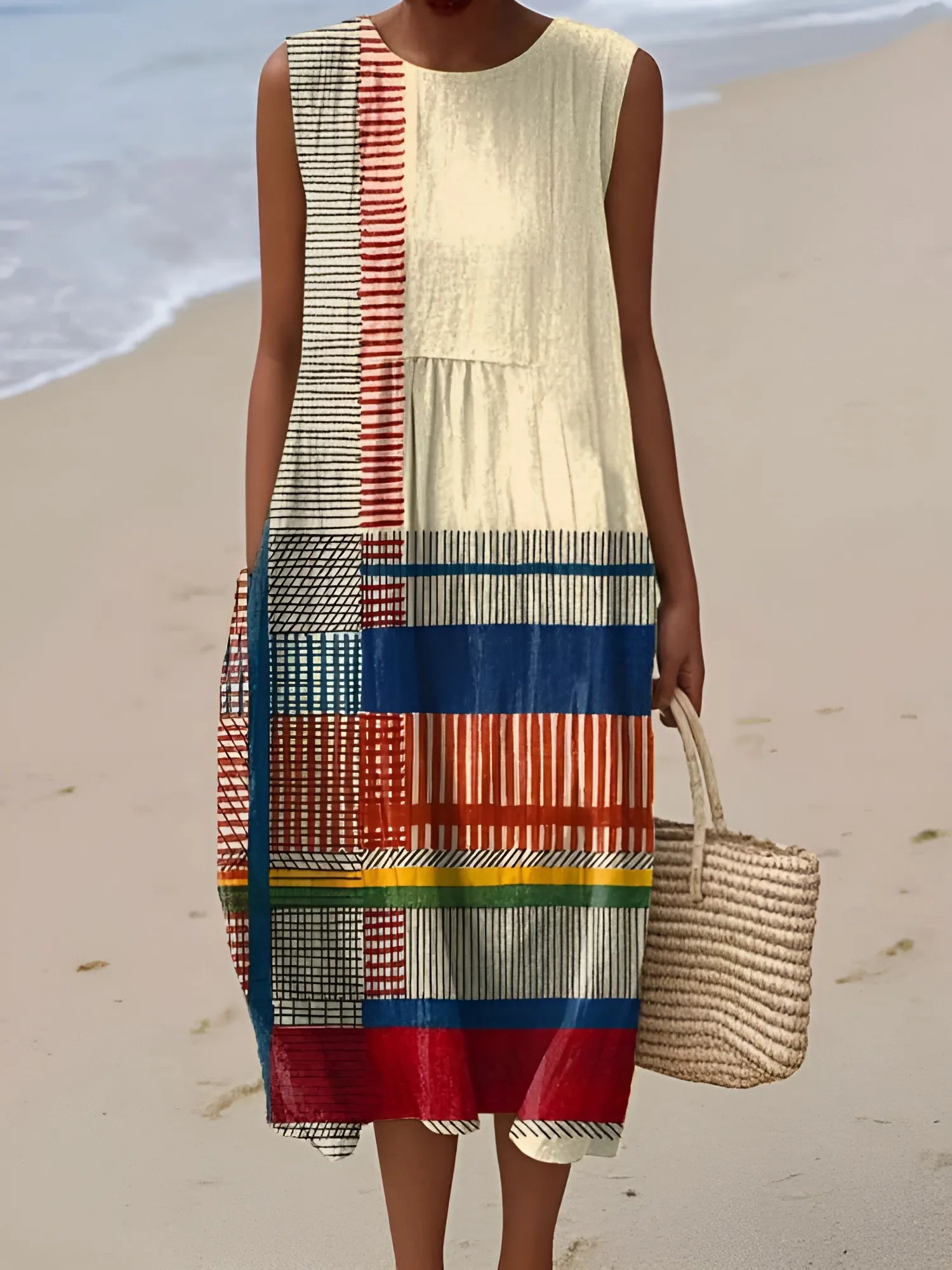 Women's Sleeveless Printed Midi Summer Dress with Round Neck