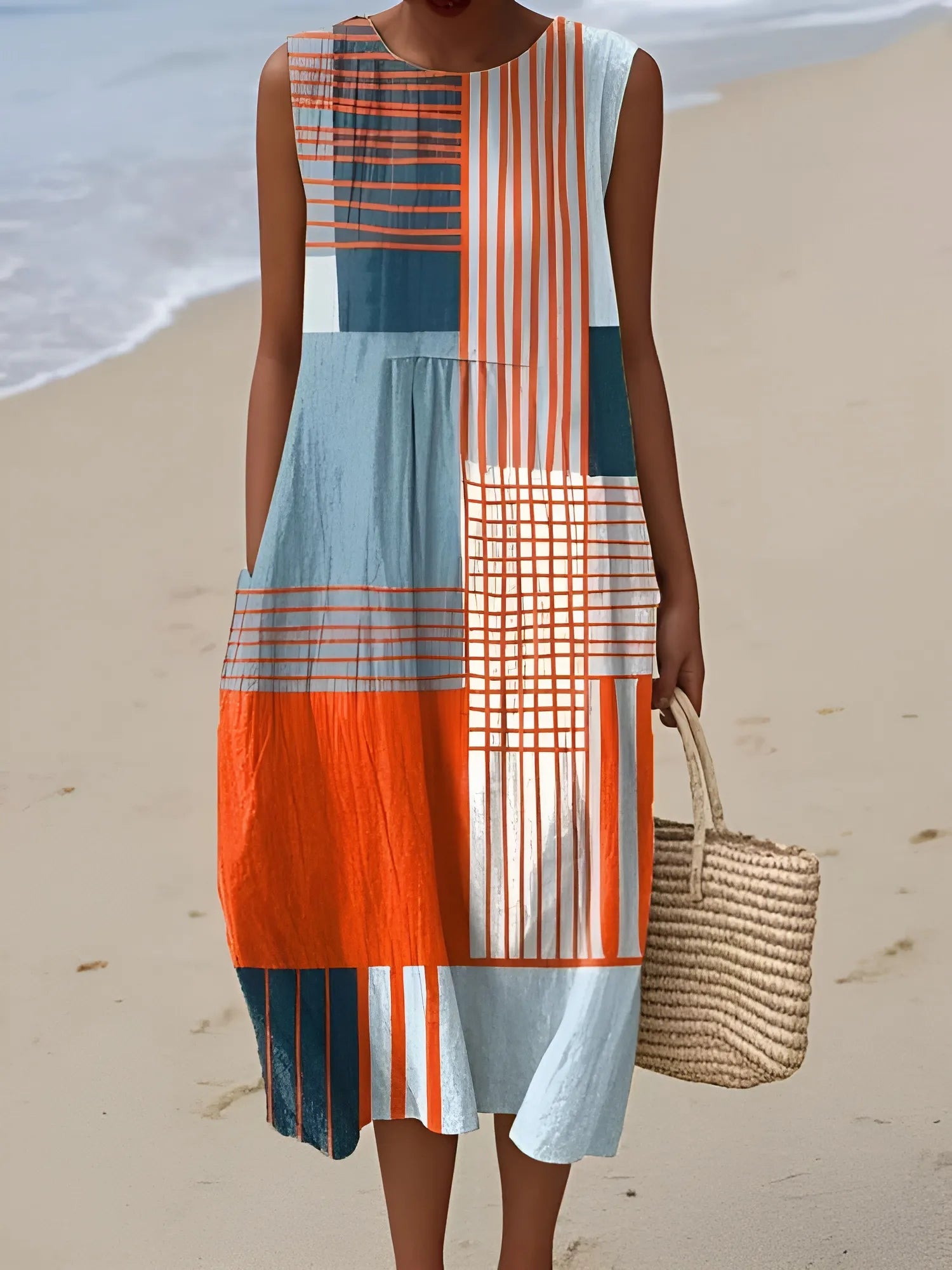 Women's Sleeveless Printed Midi Summer Dress with Round Neck