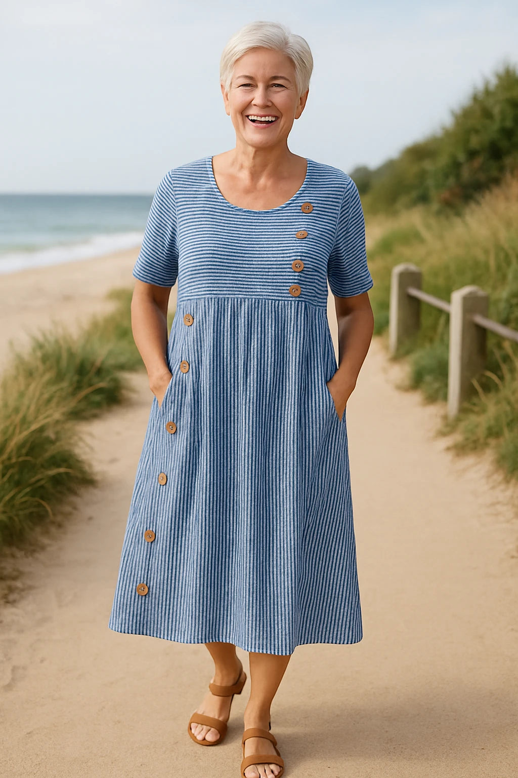 Women's Striped Midi Summer Dress with Short Sleeve