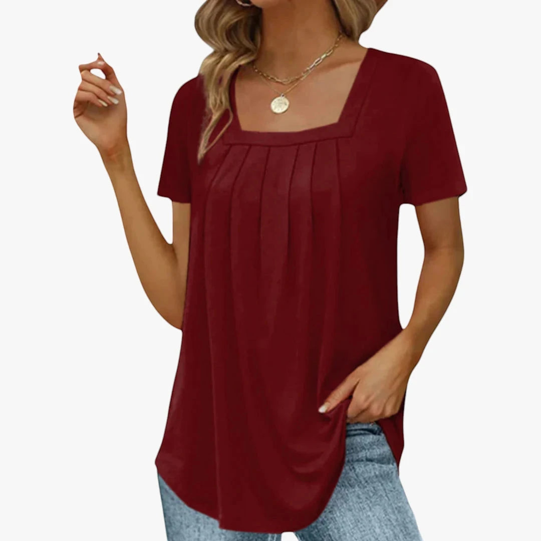 Women's Summer Blouse with Short Sleeve and Square Neck