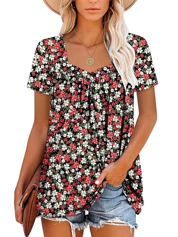 Women's Summer Blouse with Square Neck and Short Sleeves