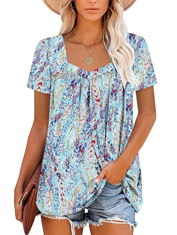 Women's Summer Blouse with Square Neck and Short Sleeves