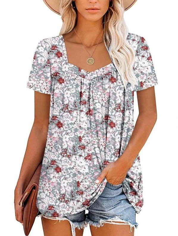 Women's Summer Blouse with Square Neck and Short Sleeves