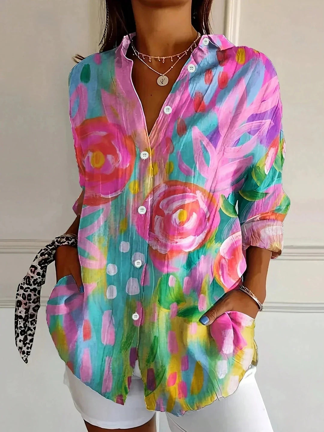 Women's Summer Shirt with V-Neck and Long Sleeves