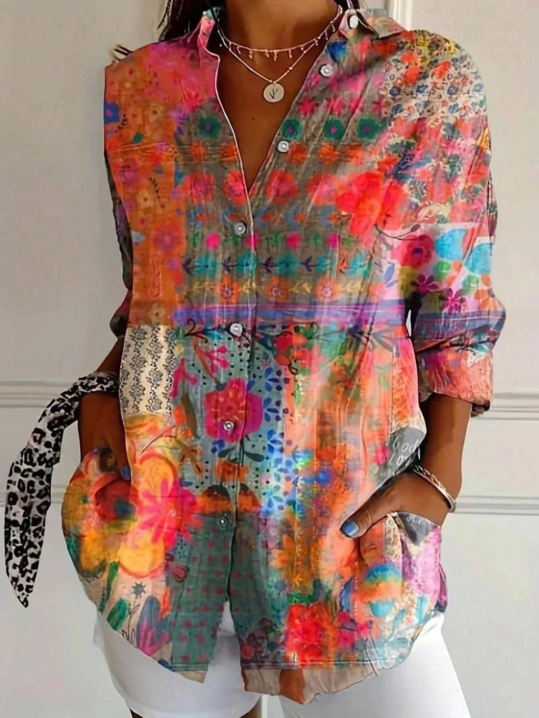 Women's Summer Shirt with V-Neck and Long Sleeves