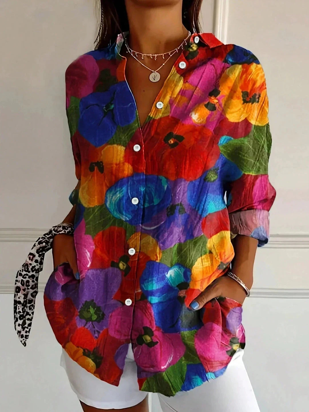 Women's Summer Shirt with V-Neck and Long Sleeves