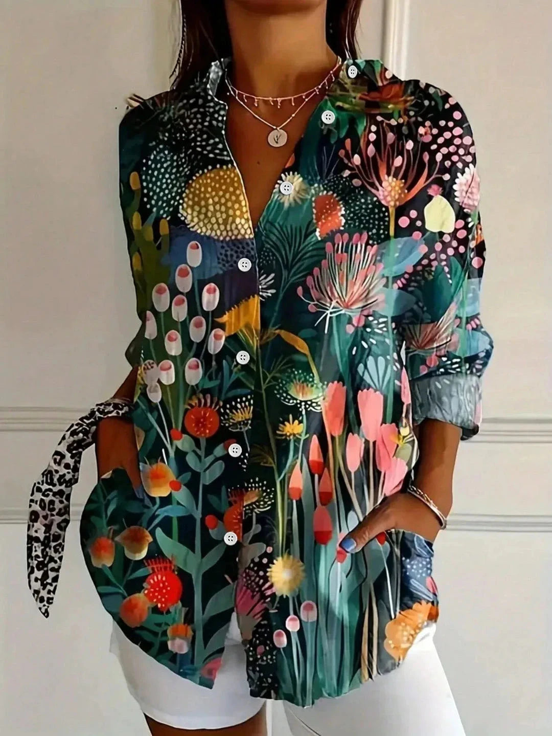 Women's Summer Shirt with V-Neck and Long Sleeves