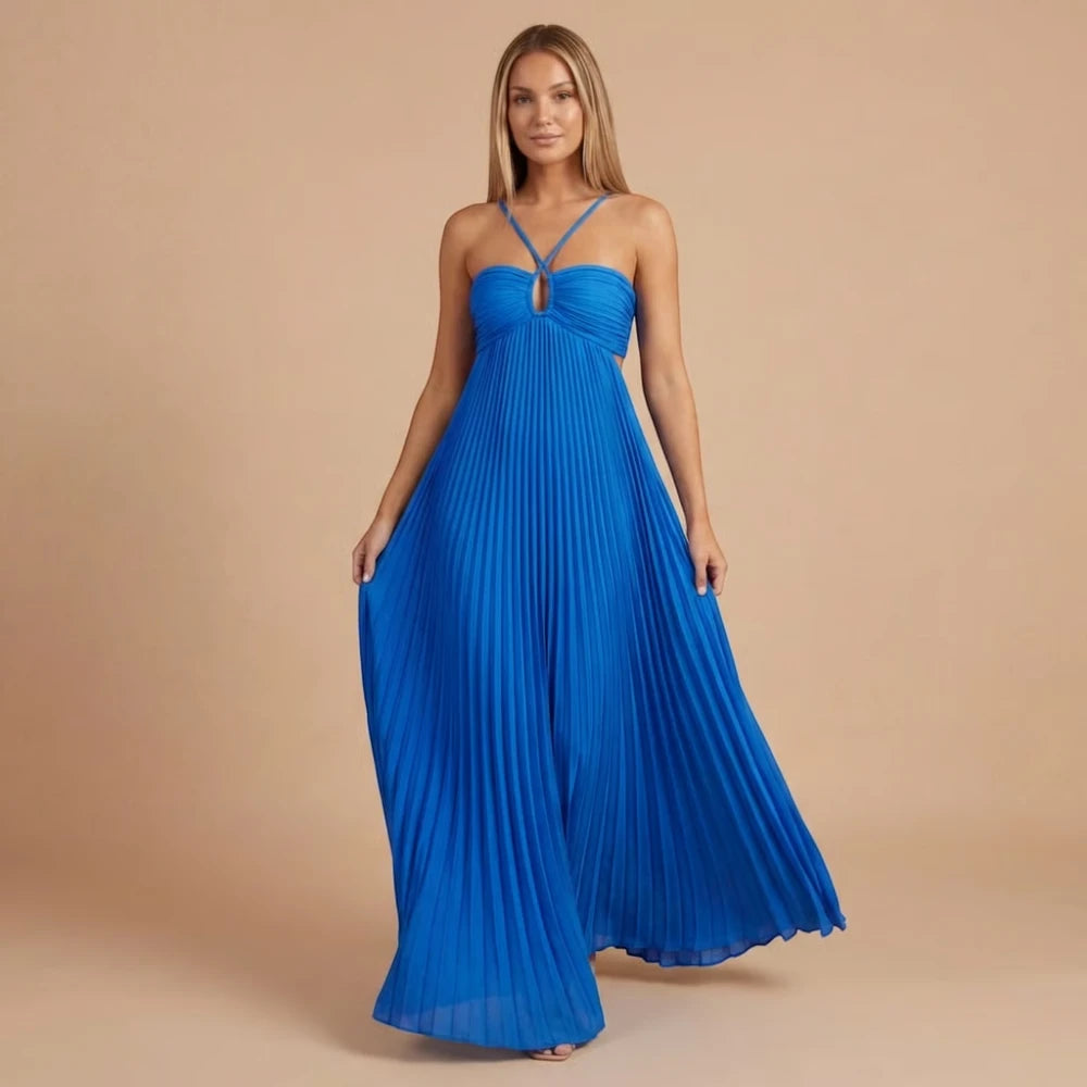 Women's Summer Maxi Wedding Guest Dress with Pleated Skirt