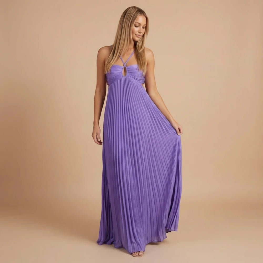 Women's Summer Maxi Wedding Guest Dress with Pleated Skirt