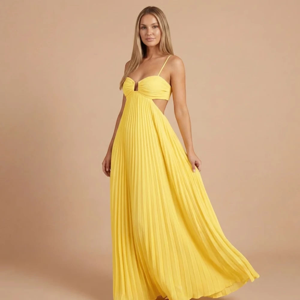 Women's Summer Maxi Wedding Guest Dress with Pleated Skirt