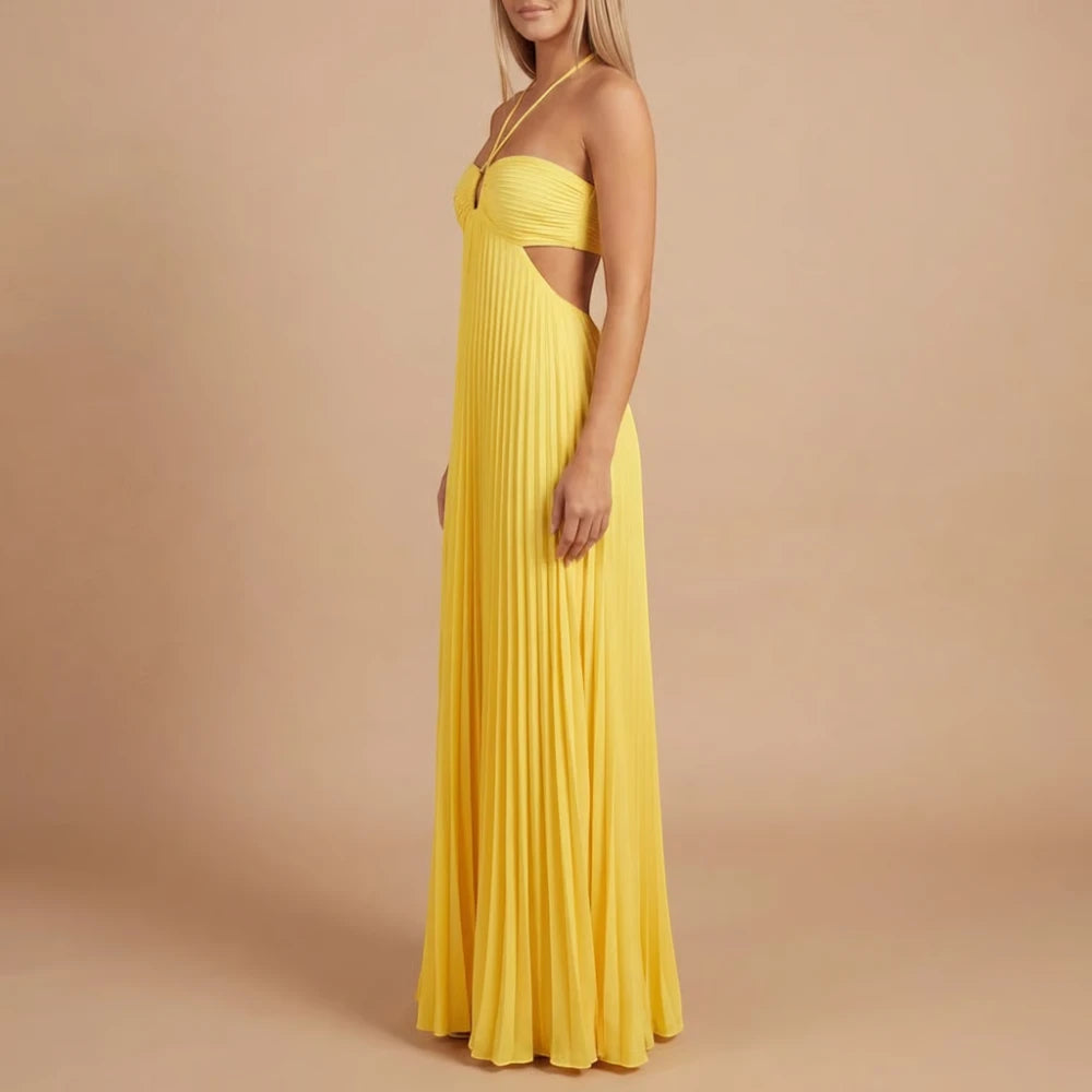 Women's Summer Maxi Wedding Guest Dress with Pleated Skirt