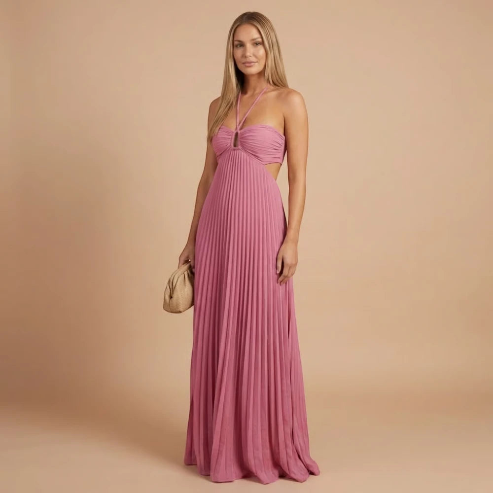 Women's Summer Maxi Wedding Guest Dress with Pleated Skirt
