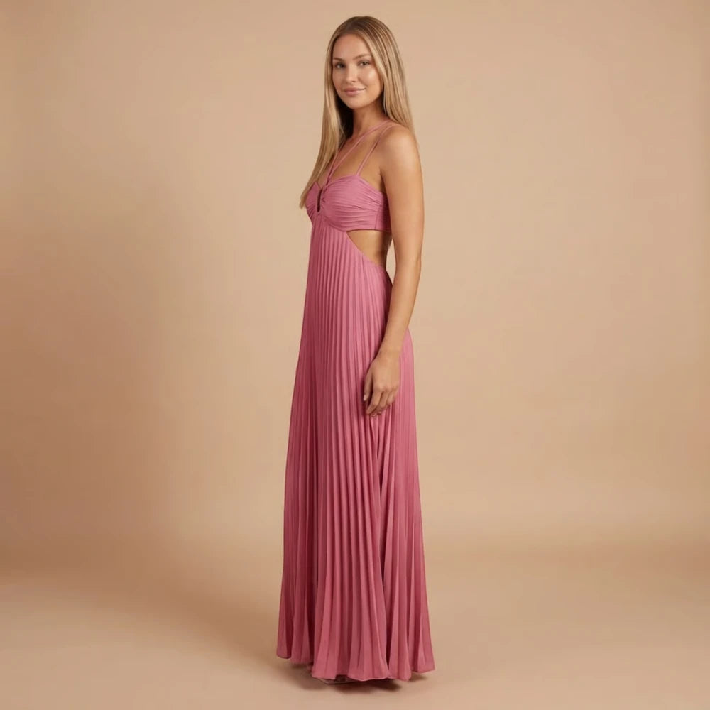 Women's Summer Maxi Wedding Guest Dress with Pleated Skirt
