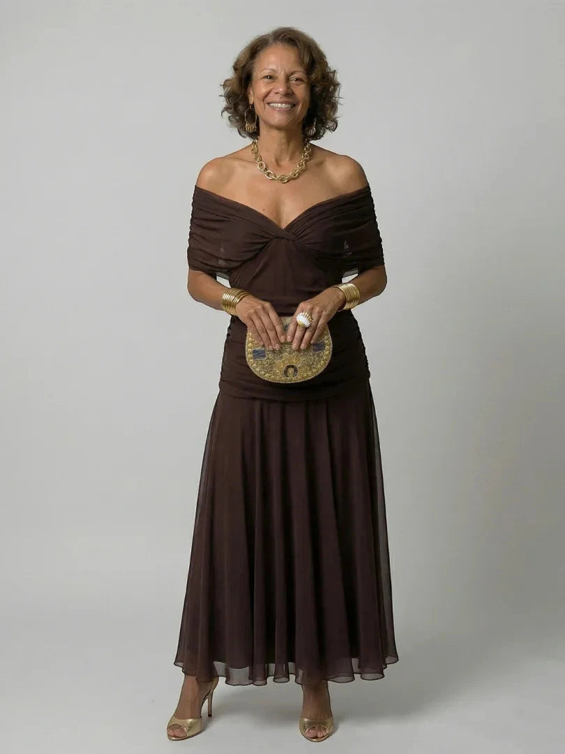 Women's Summer Midi Wedding Guest Dress with Off Shoulder Neckline