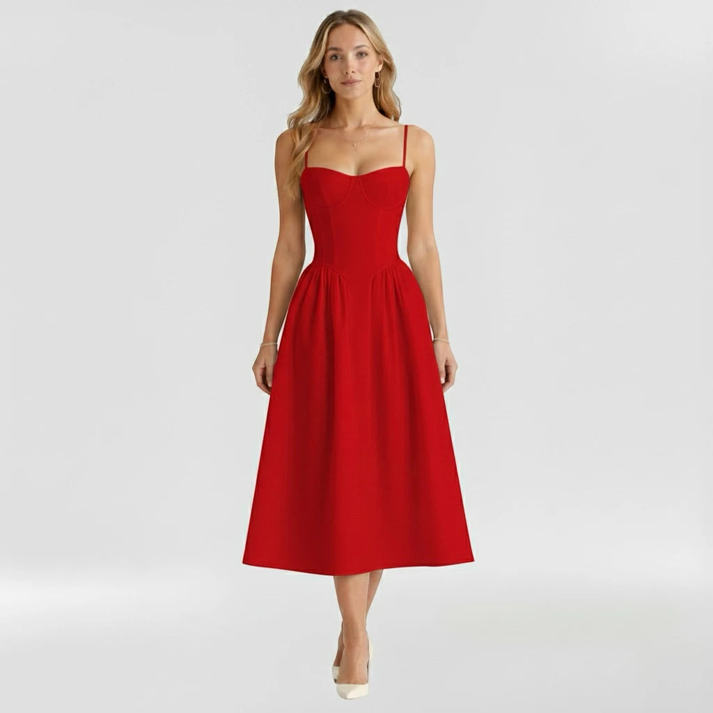 Women's Vintage Casual Midi Summer Dress with Sweetheart Bodice