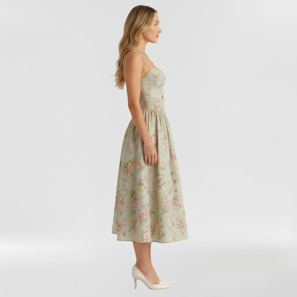 Women's Vintage Casual Midi Summer Dress with Sweetheart Bodice