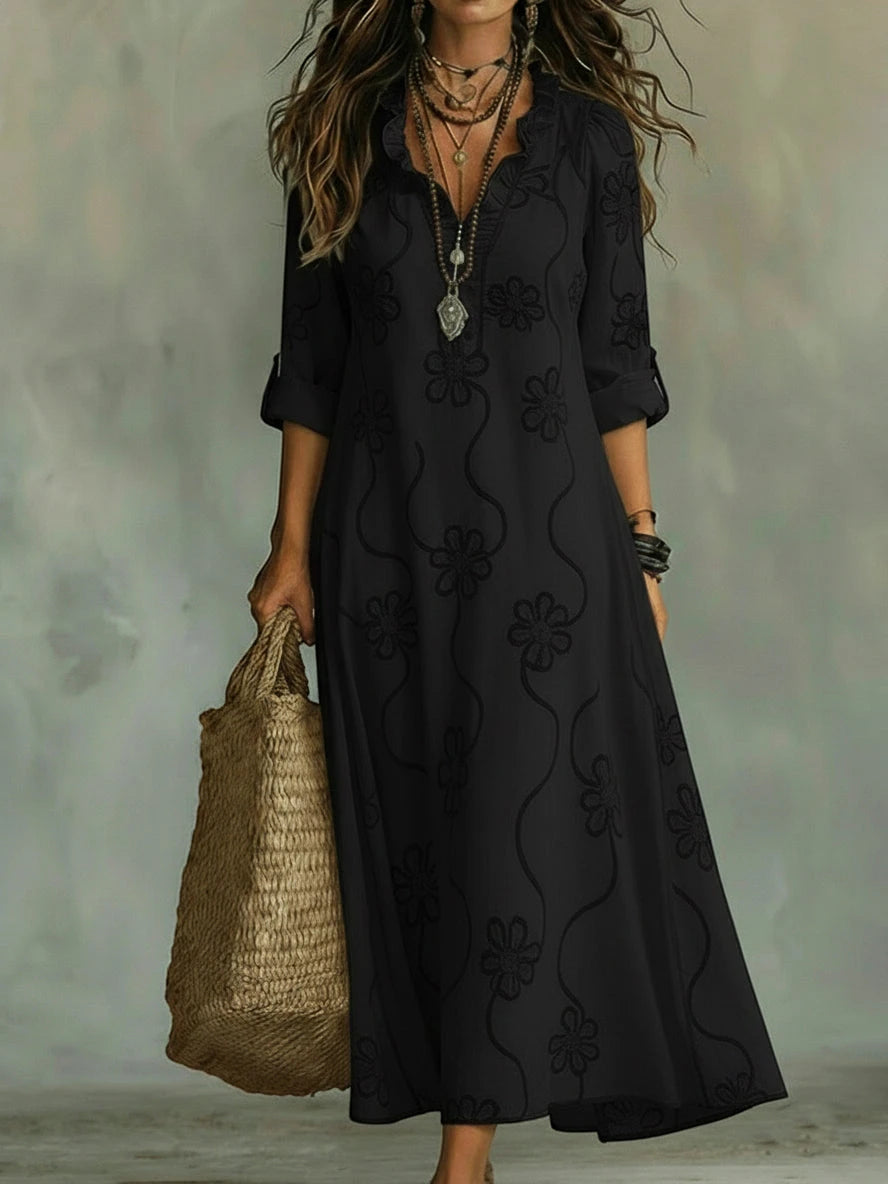 Women's Vintage Midi Summer Dress with Ruffle and V-Neck