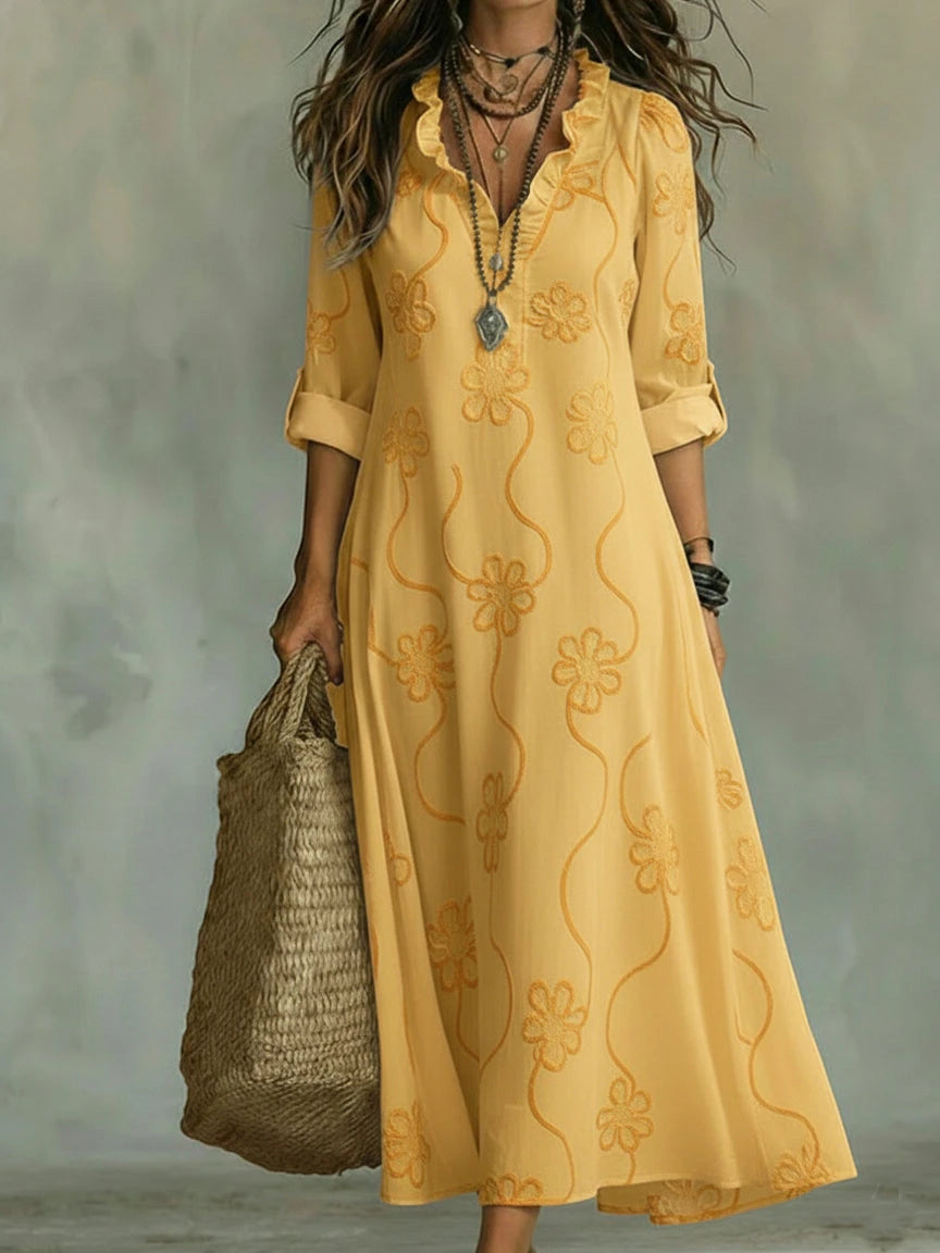 Women's Vintage Midi Summer Dress with Ruffle and V-Neck